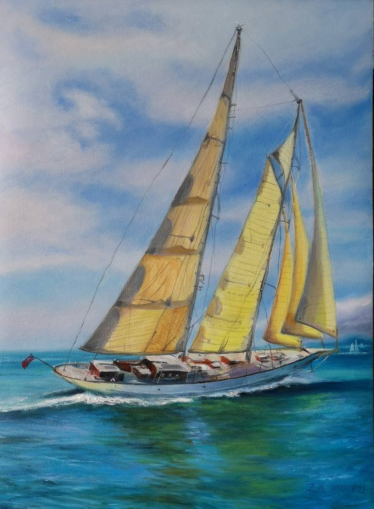 Original Art Deco Yacht Painting by Zhang Xin
