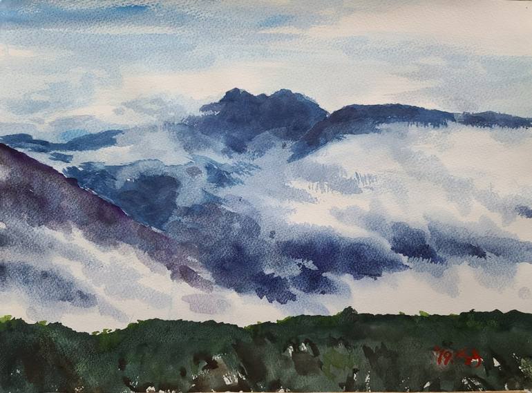 foggy mountain painting