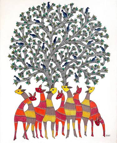 The Enchanted Nine: A Gond Wildlife Painting thumb