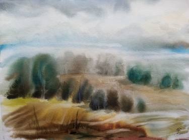 Field Forest Painting Sky. Original Watercolor Large Artwork Autumn Landscape Art thumb