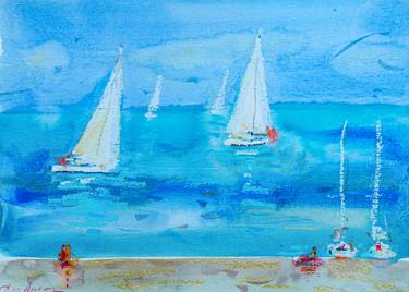 A day near the sea - pastel color seascape, beach, sailboats thumb