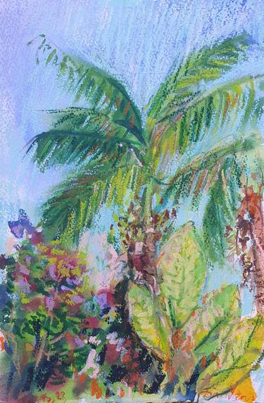 Tropical dream - palms, tropical garden, green, blue, flowers thumb