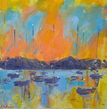 Orange sunset - yachts in a Caribbean bay thumb