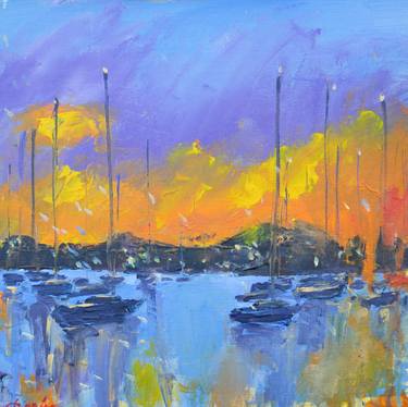 Orange and violet - Caribbean sunset with yachts in a bay thumb