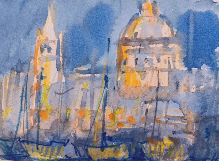 Original Architecture Painting by Dina Aseeva | Realism Art on Paper | Valetta at night - view of the city from Gardens Marina