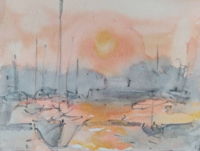 Original Nature Painting by Dina Aseeva | Realism Art on Paper | Sunset near Valetta on the day of Solstice