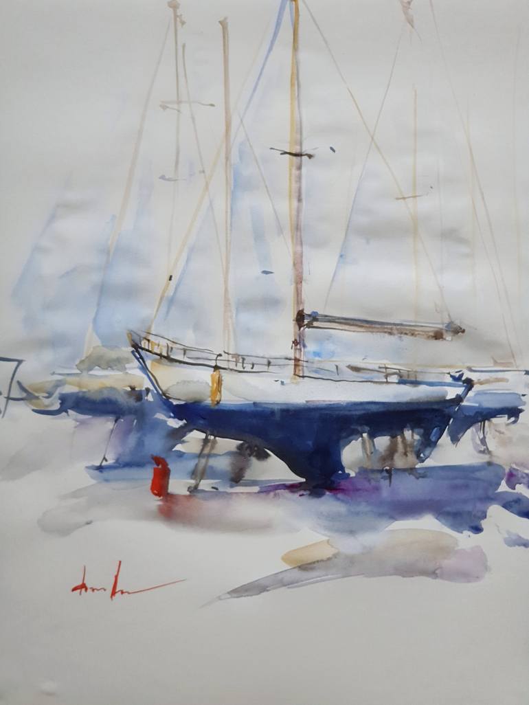Sail Boat Ready For Wintering. Original Watercolor Sketch. Painting By Dina Aseeva | Saatchi Art