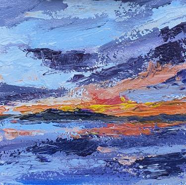 Knidos sunset - Original acrylic painting, 20×20 cm, sunset, sea, islands. thumb