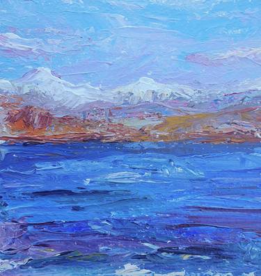 Winter in Sarsala - Acrylic painting 20×20 cm, sea, seascape, winter, blue, mountains, gift thumb