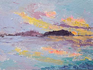 A sunset seen from Rhodes island. - Original acrylic painting 18×24 cm, small format, gift, bright thumb