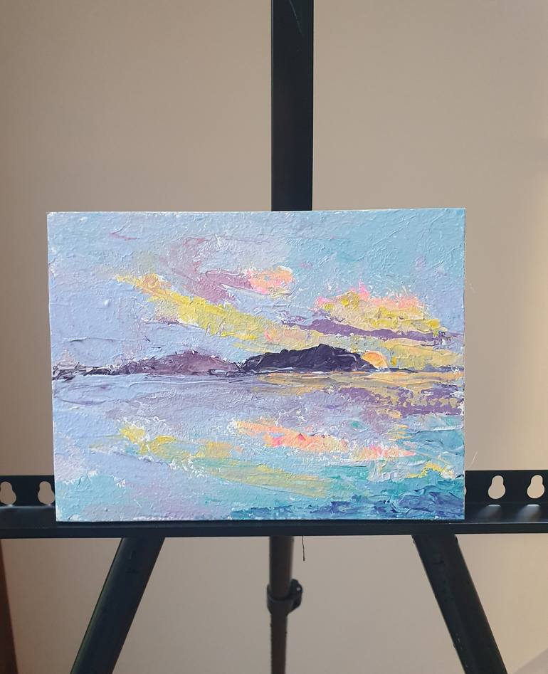 Pink Sunset Painting on Mini Canvas with Easel