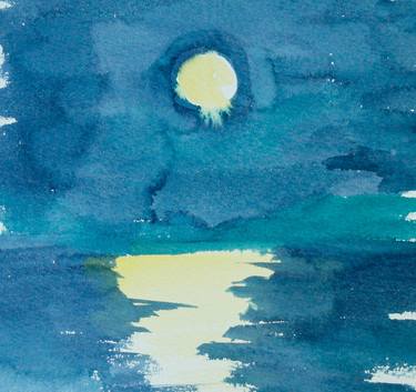 Moonlight - large watercolor seascape with full moon thumb
