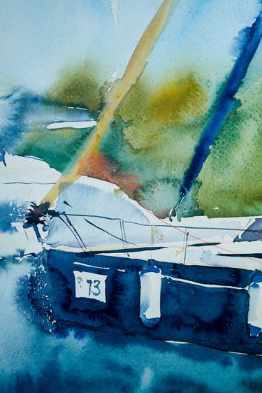 Thirteen - bright watercolor sailboat, abstract yacht thumb