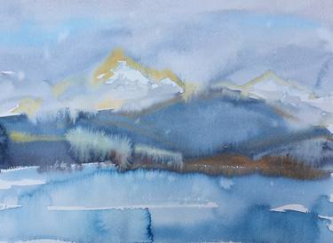 Winter seascape - watercolor mountains, blue thumb