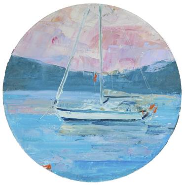 Looking through illuminator - round painting with sailboat thumb
