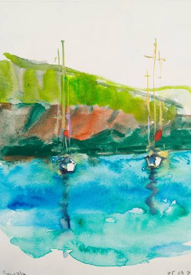 Back to Sarsala - vibrant watercolor seascape with yachts thumb