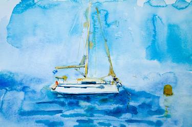 A boat on anchor near Tilos - sailboat, sea horizon, light blue thumb
