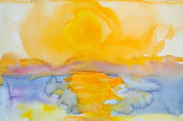 Sunrise on Tilos island - sunny horizon, yellow watercolor sky thumb