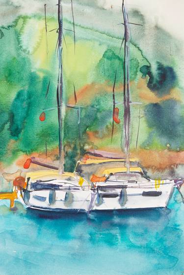 Two of us - large watercolor on canvas, sailboat, tropic island thumb