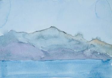 Sea and mountains minimalism - watercolor seascape, foggy horizon thumb