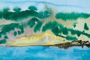 Sea and shore - watercolor landscape, small Xmas gift, green hill thumb