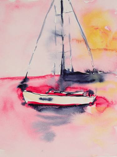 Sunset celebration - pink seascape, lonely sailboat thumb