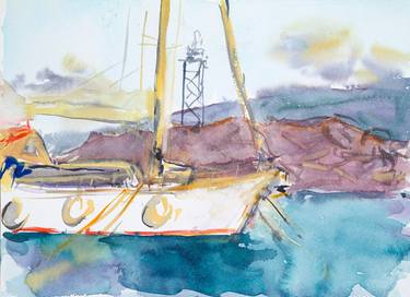 Kalamata evening - watercolor yacht, sea bay, seascape view thumb
