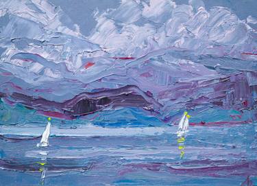 Wine red evening - violet seascape, stormy clouds, evening sea thumb