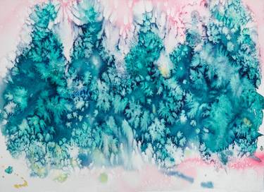 Winter forest - abstract watercolor fir trees emerald green thumb