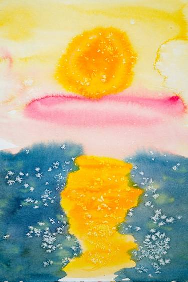 Before sunset - vibrant watercolor sun over the sea, ocean thumb