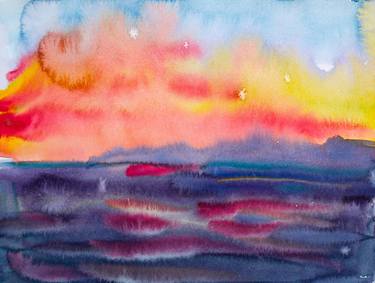 After the sunset in the Aegean sea - vibrant watercolor seascape thumb