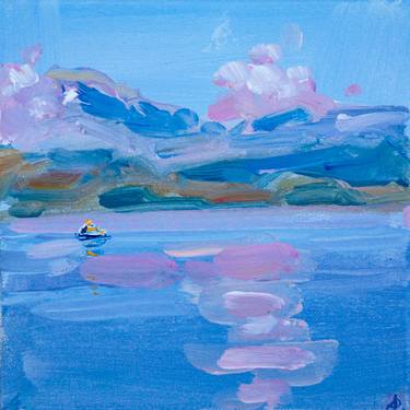 Tenderness - calm seascape, blue purple, mountain, boat, bay thumb