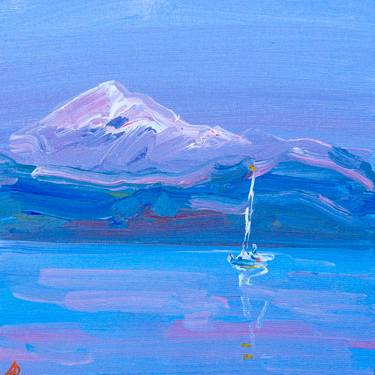 Evening in December - mountain fuji, calm water, boat, blue thumb