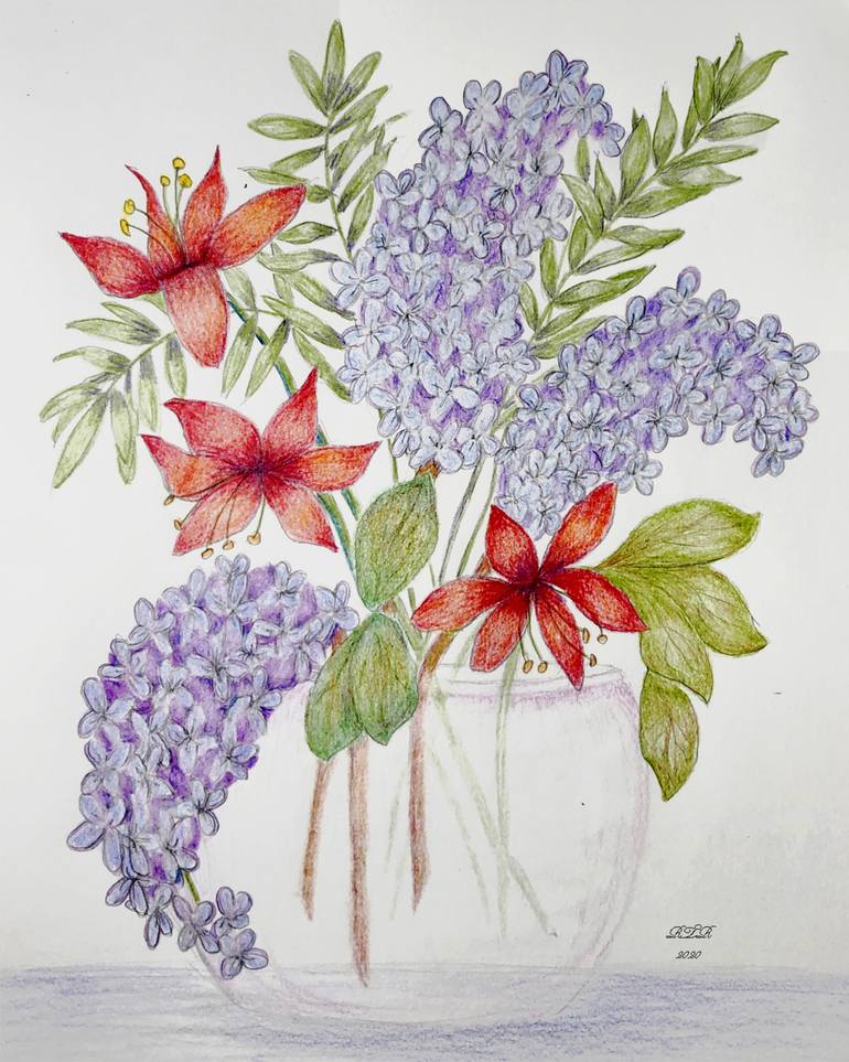 Lilacs in Glass Vase Drawing by Veronica Russo | Saatchi Art