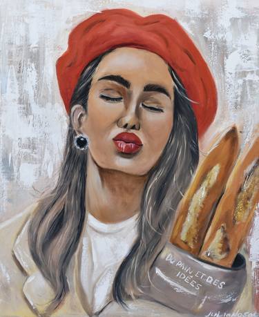 French baguette - Original Oil Art, Romantic Girl With Red Plump Lips, Painting for Dining room, Beautiful Woman, Madam, Modern art, Kiss thumb