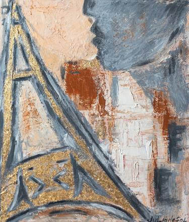 French Kiss - Original ABSTRACT Oil Art, Paris, La Vie Est Belle, Eiffel Tower, Stylish Art, Painting for Bedroom thumb