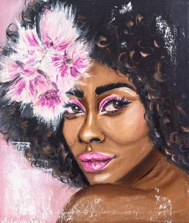 The Rudo bride - Original Oil Art, Painting as a gift, Painting for Home Decoration, Modern Interior Portrait, Eyes, Juicy Lips, Flowers thumb