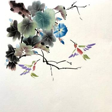 Chinese Painting - Morning Glory Blue and Hummingbirds thumb