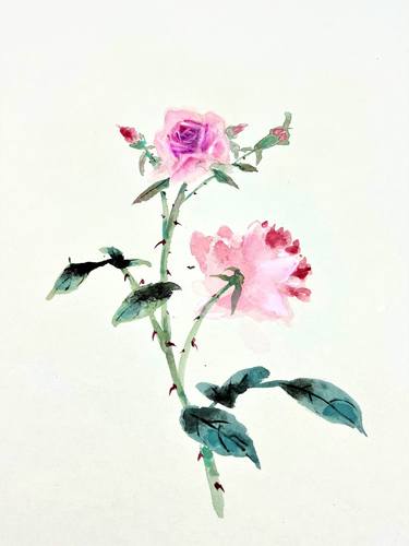 Chinese Brush Painting - Romance, Pink Rose thumb