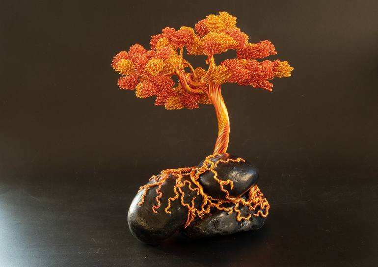 Aluminum Wire Tree Sculpture in Gold and Orange Mounted on a Black Stone Cluster Sculpture by