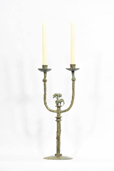 Bronze Candlestick with elephant & acacia tree motif thumb