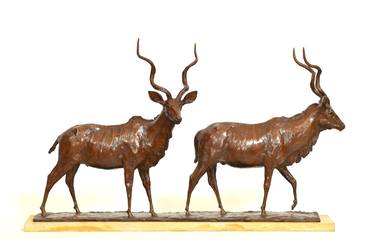 Going to the River - Kudu Bulls - Bronze Antelope Sculpture thumb