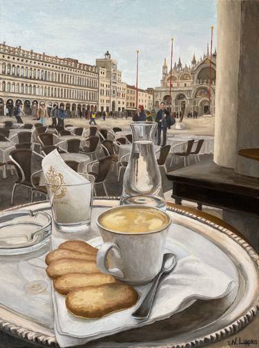 A cup of Zabaione with a view of San Marco Square in Venice. Italy. thumb