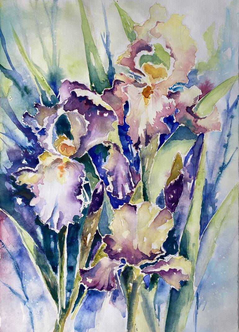 Iris Field Flowers For Interior Watercolours Paper Painting By Elena Ershkova Saatchi Art