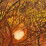 This is an abstract painting of a picturesque scene captured on a winter evening. The leafless branches and twigs of the trees forming a kaleidoscope with sun in the background looked like the sun was behind a web of dry twigs.
Painted in acrylic and the coated with oil on 55 * 45 cm box canvas ready to hang.