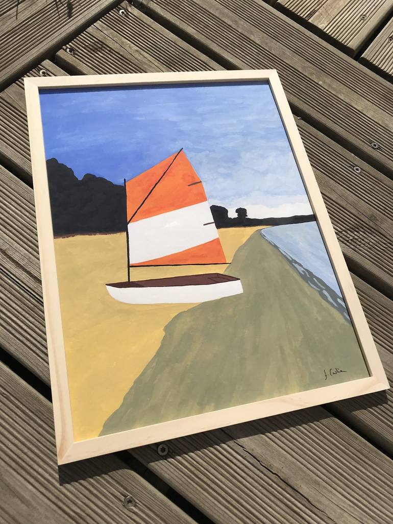 Original Art Deco Boat Painting by Frederic Cadiou