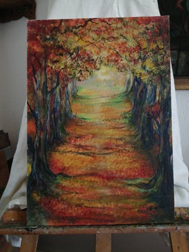 Autumn Leaves Original signed colorful landscape forest with oilcolours nice professional figurative artwork quality vivid art thumb