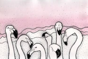 Flamingos white ,一群白色的火烈鳥，粉紅色的天空 (2020) thumb