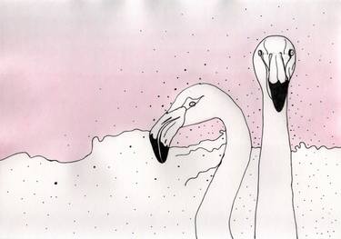 Couple of flamingos , 在粉紅色的背景上畫一對白色的火烈鳥 (2020) thumb