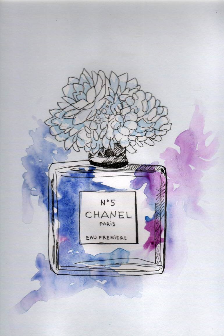 Coco Chanel Dark Blue Floral Perfume Bottle Wall Print